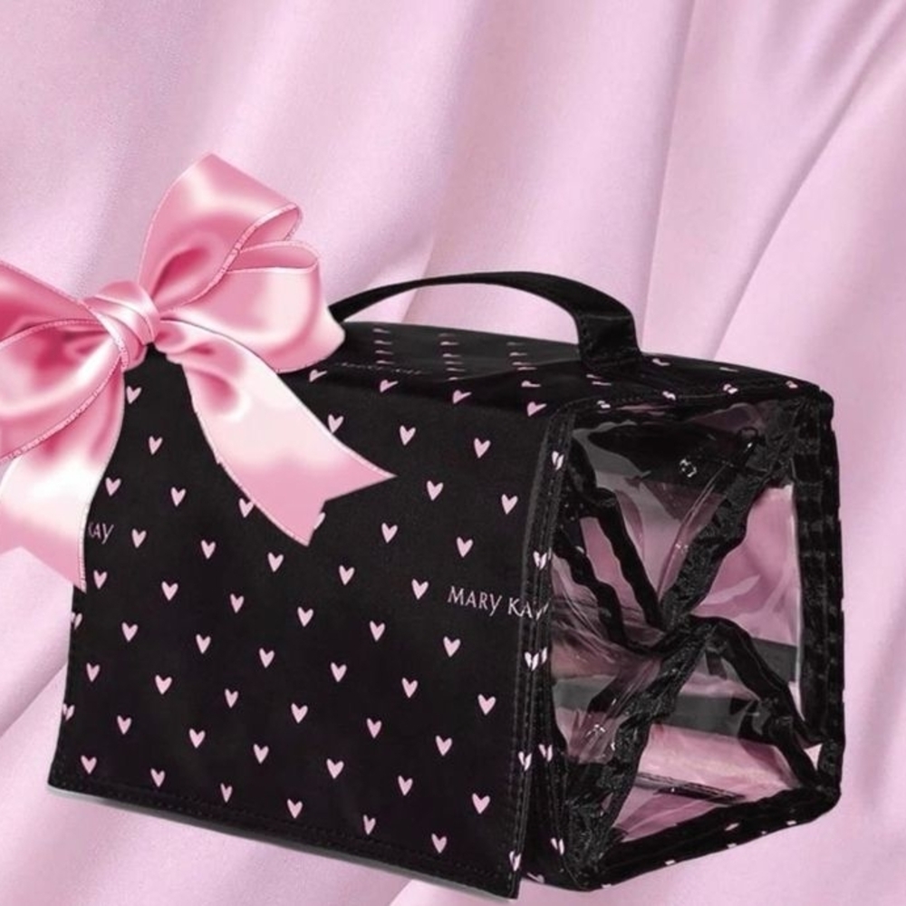 Mary Kay Black Cosmetic Bag with Pink Hearts